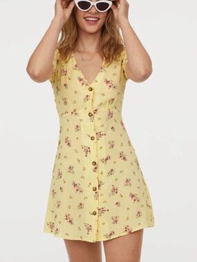 Yellow Floral Mini Dress Button Front Cottagecore Size S Summer Dress